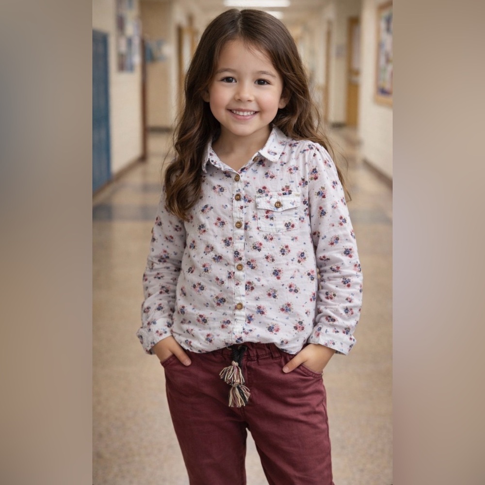 Zara girl’s white long-sleeved floral top paired, a set of pants.  Size 18-24M.
